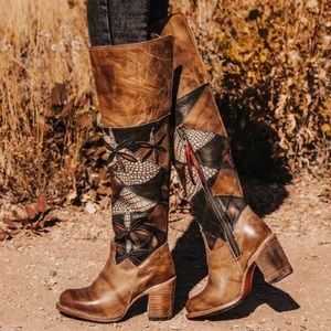 Freebird Boot Betty Knee-High Heel Contrasting Patchwork Leather Tan Multi 8 GUC